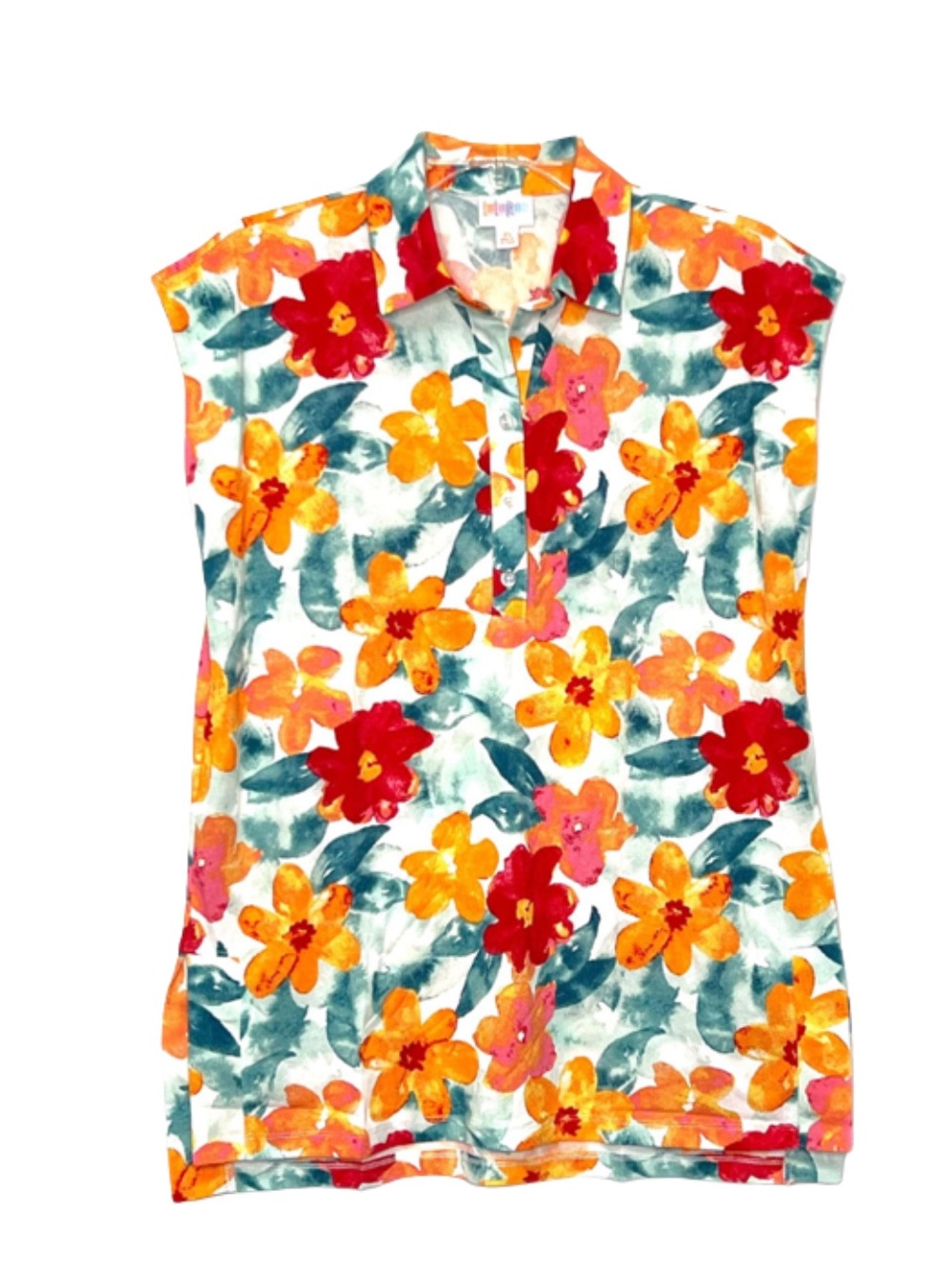 LuLaRoe Cori Vibrant Floral Sleeveless Polo - Orange, Red, Teal